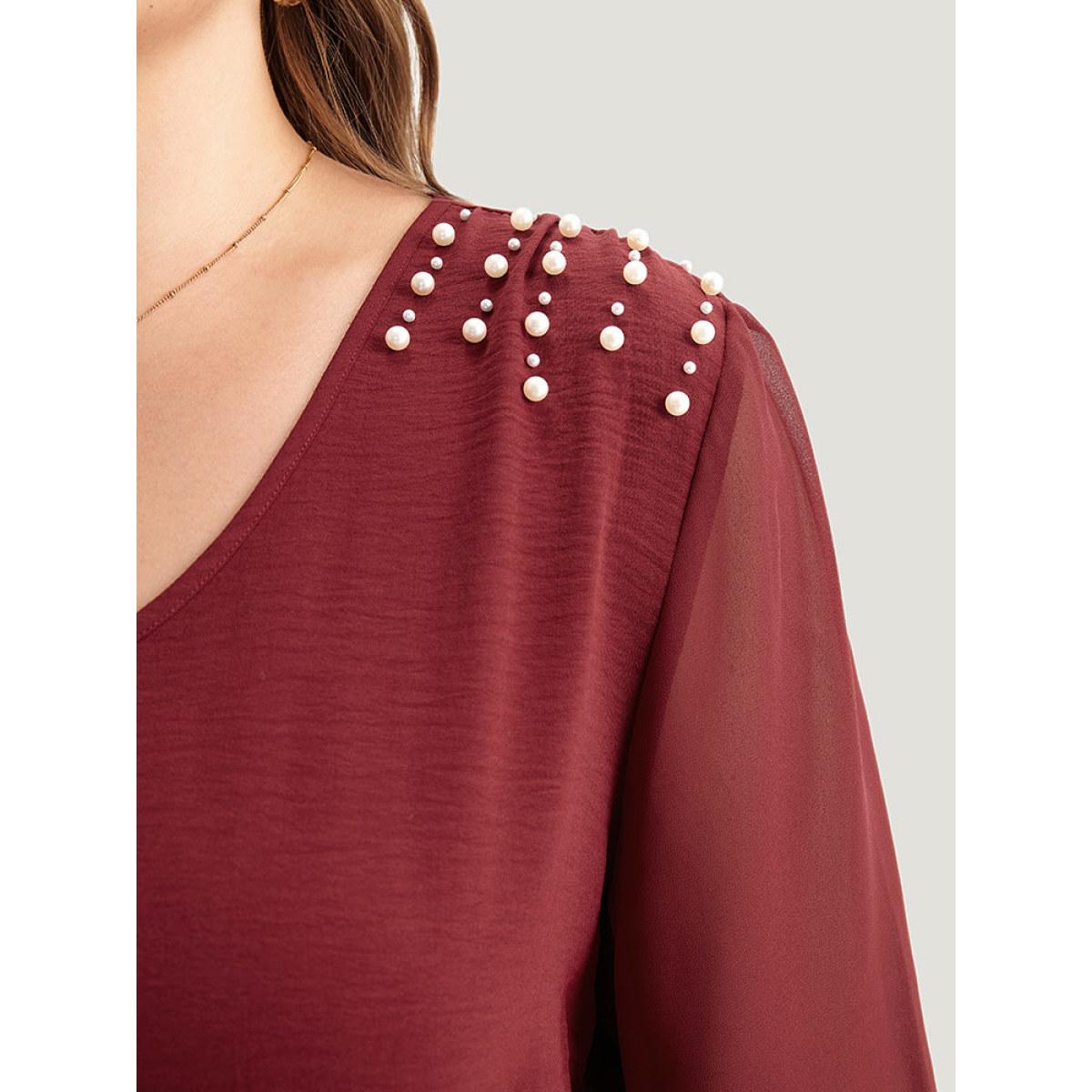 Plus Size Pearl Beaded Pocket Mesh Patchwork Dress Scarlet Women Elegant Elastic cuffs V-neck Long Sleeve Curvy Midi Dress BloomChic 18-20/2X Product Image