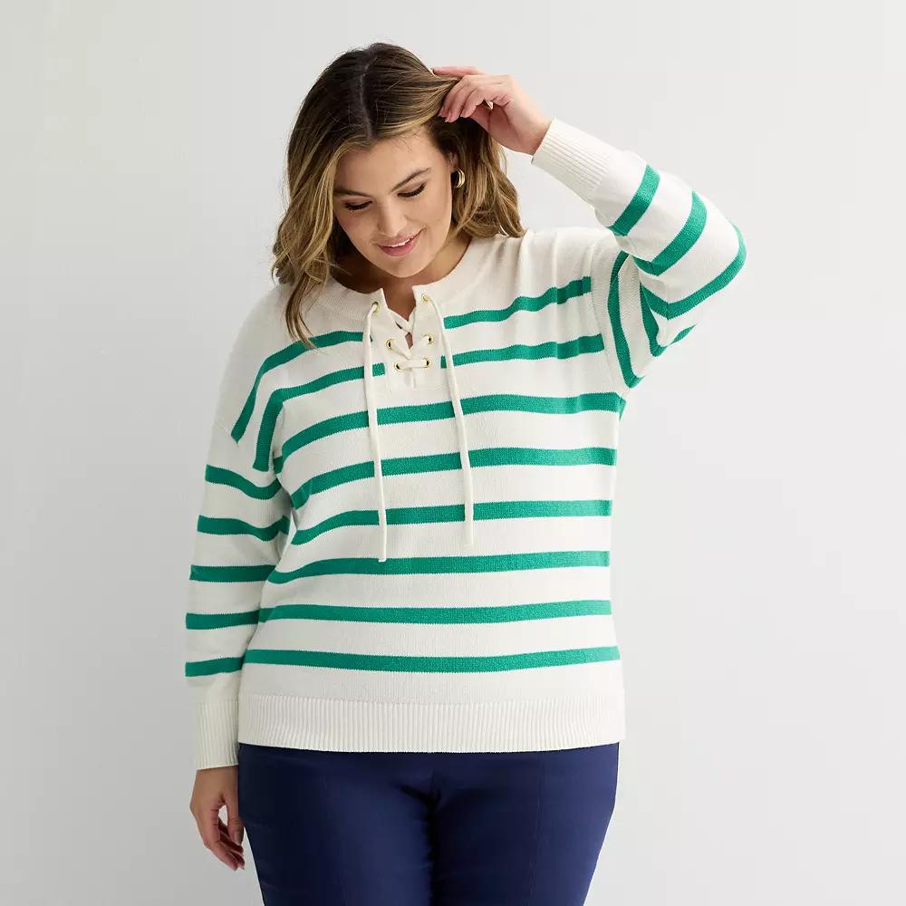 Plus Size Croft & Barrow® Knitted Lace-Up Drop Shoulder Pullover Sweater, Women's, Size: 4XL, Green Mariner Stripe Product Image