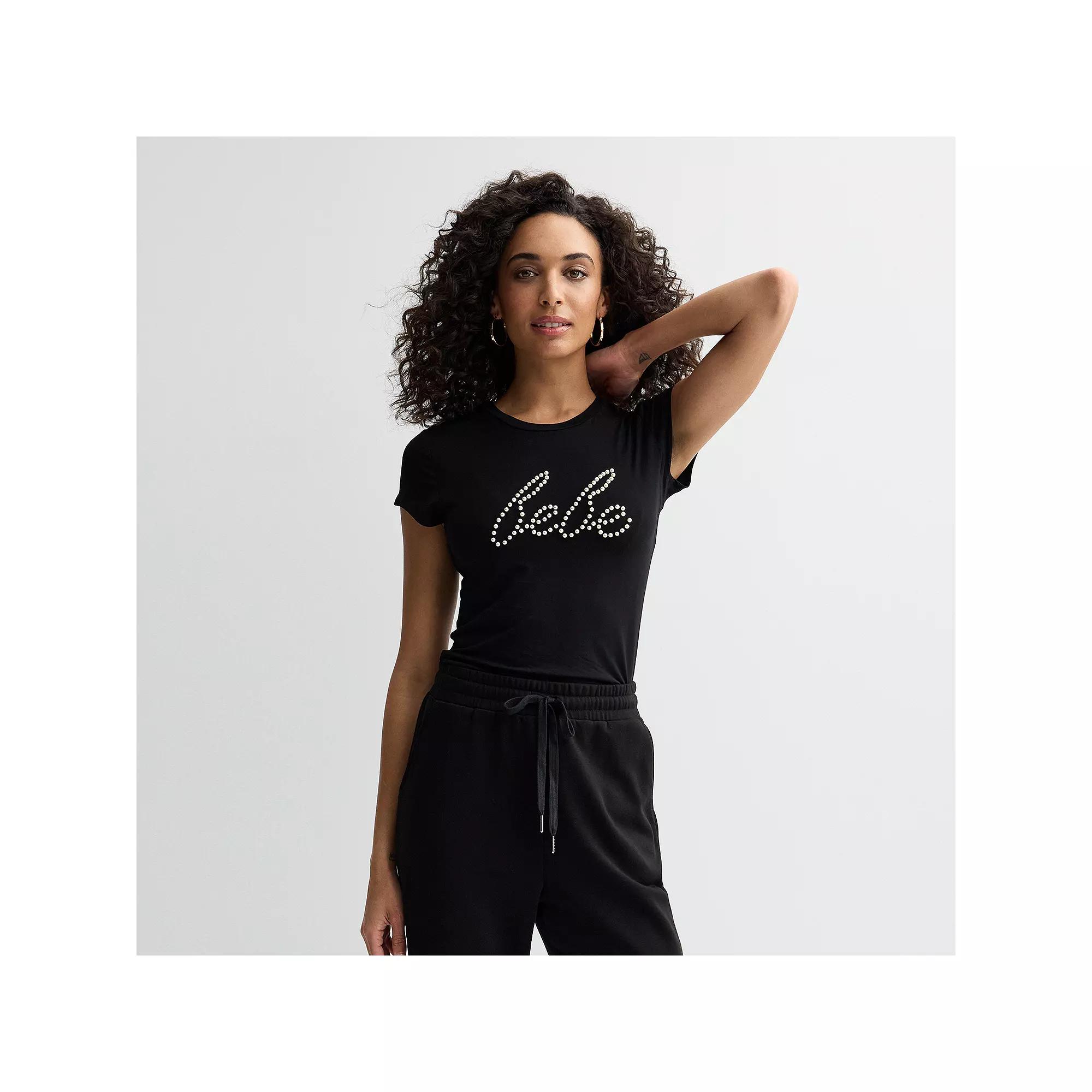 Women's bebe Embellished Crewneck T-Shirt, Size: Large, Black Product Image