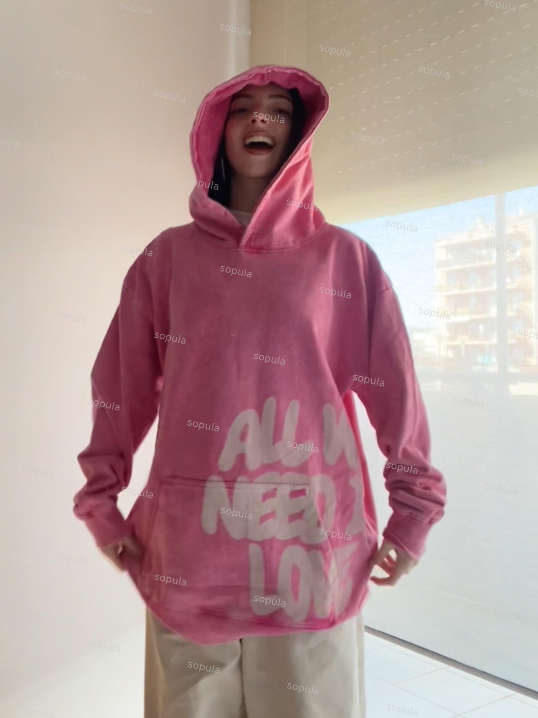 All We Need Is Love Print Pink Washed Hoodie Product Image