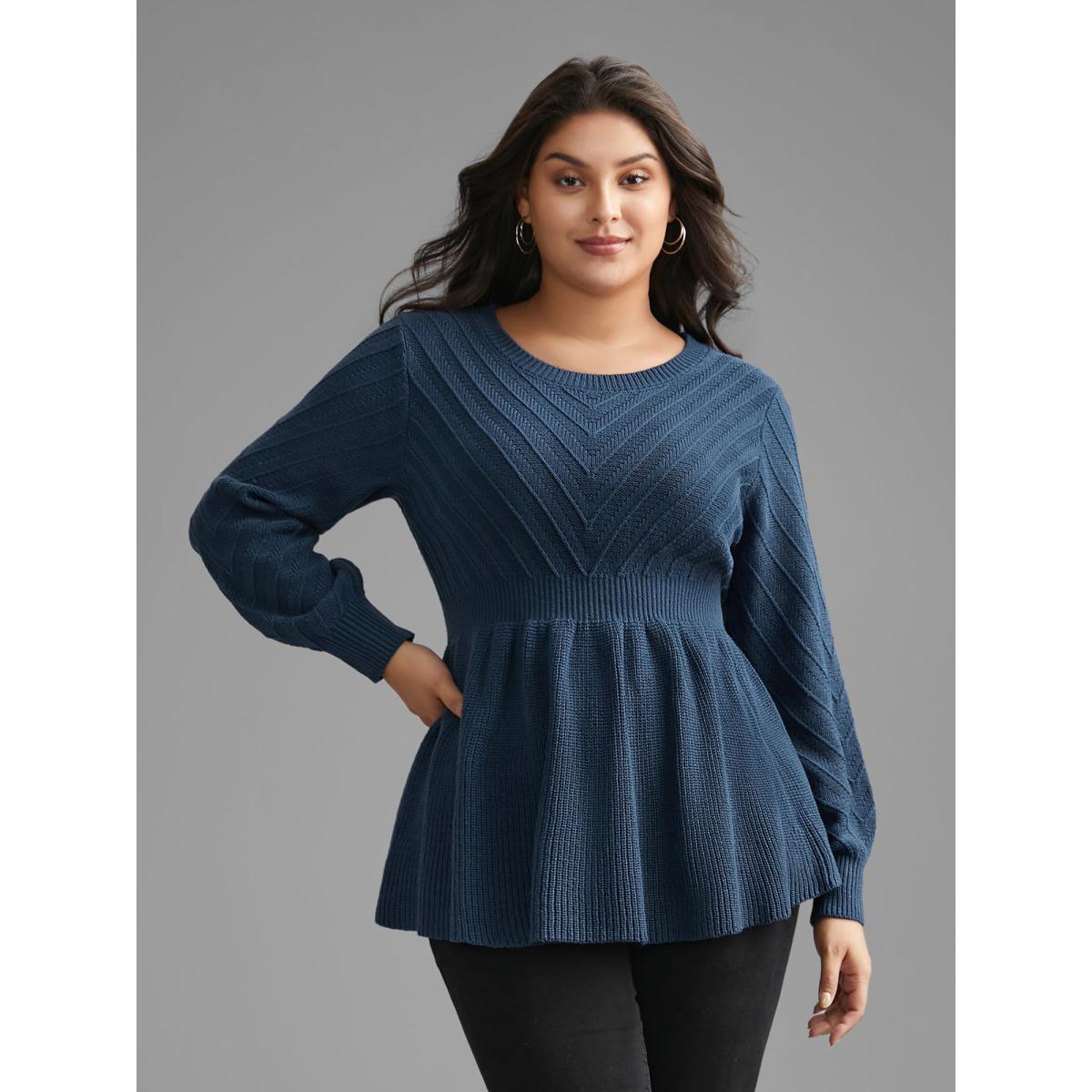 Plus Size Crew Neck Plain Textured Lantern Sleeve Pullover Indigo Women Casual Bodycon Long Sleeve Round Neck Everyday Pullovers BloomChic 14-16/1X Product Image