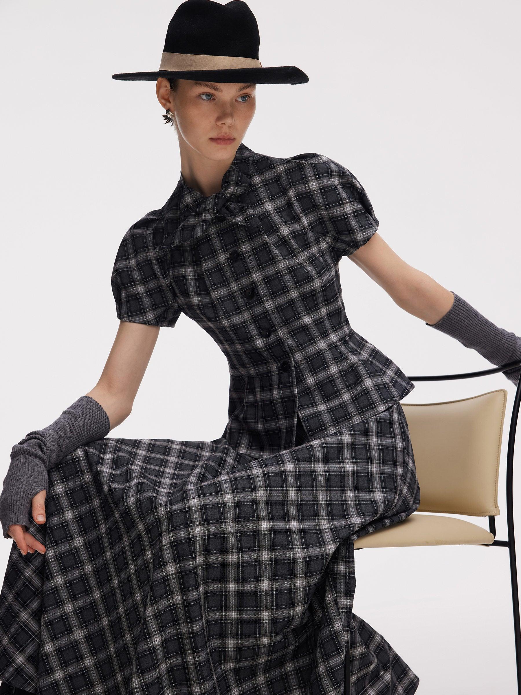 Plaid Ribbon Tie Women Flare Hem Top Product Image