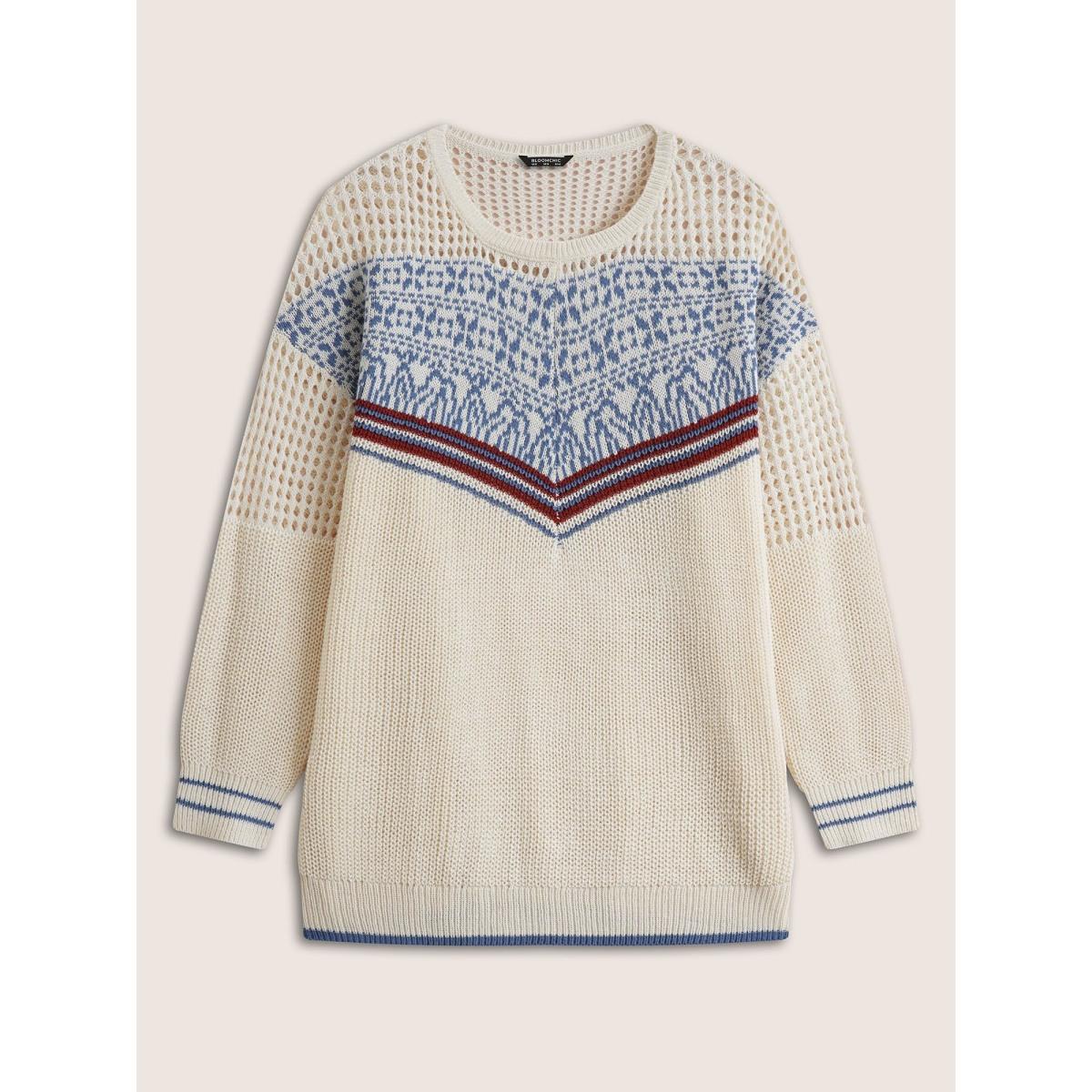Plus Size Graphic Contrast Patchwork Hollow Out Pullover Beige Women Casual Long Sleeve Round Neck Everyday Pullovers BloomChic 12/L Product Image