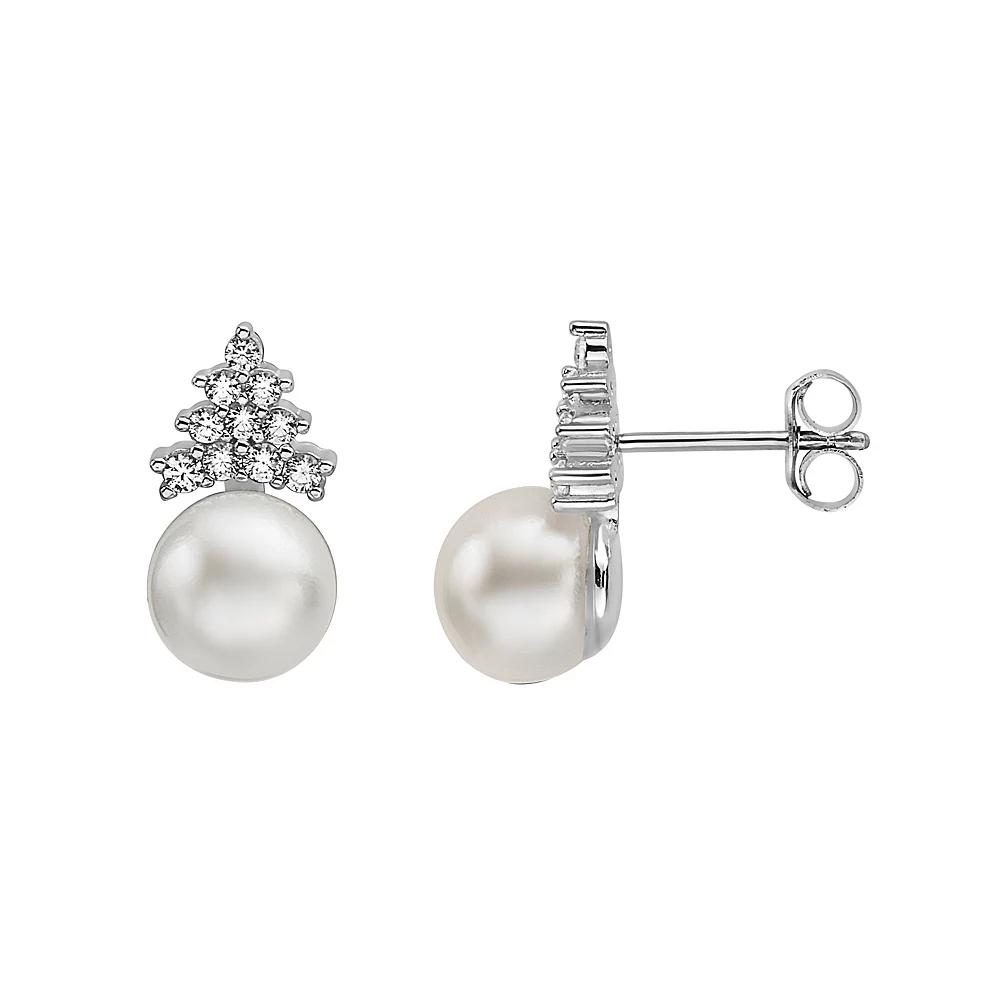 Sterling Silver Freshwater Cultured Pearl & Round Cubic Zirconia Stud Earrings, Womens Product Image