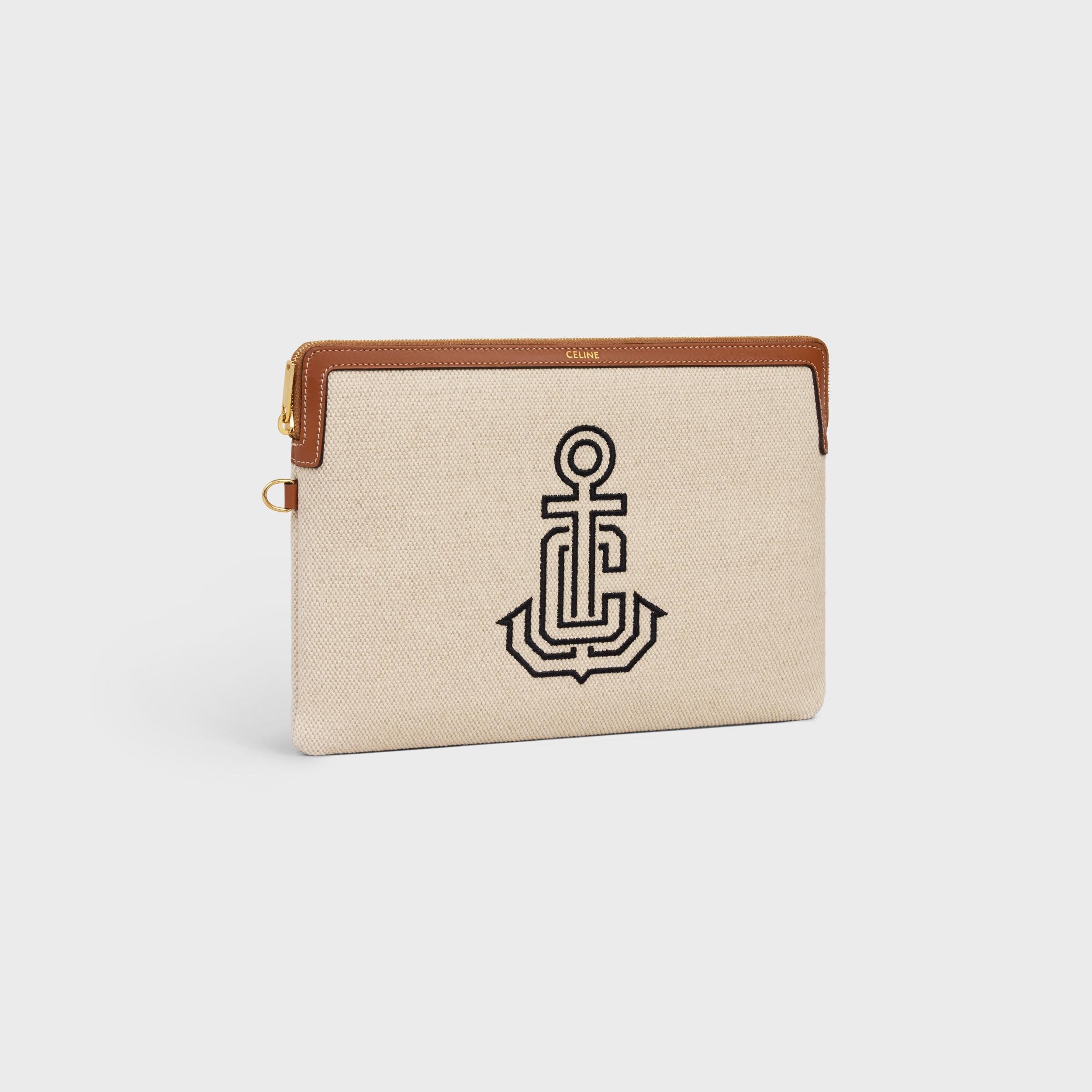 SMALL POUCH WITH STRAP IN TEXTILE WITH ANCHOR EMBROIDERY AND CALFSKIN Product Image