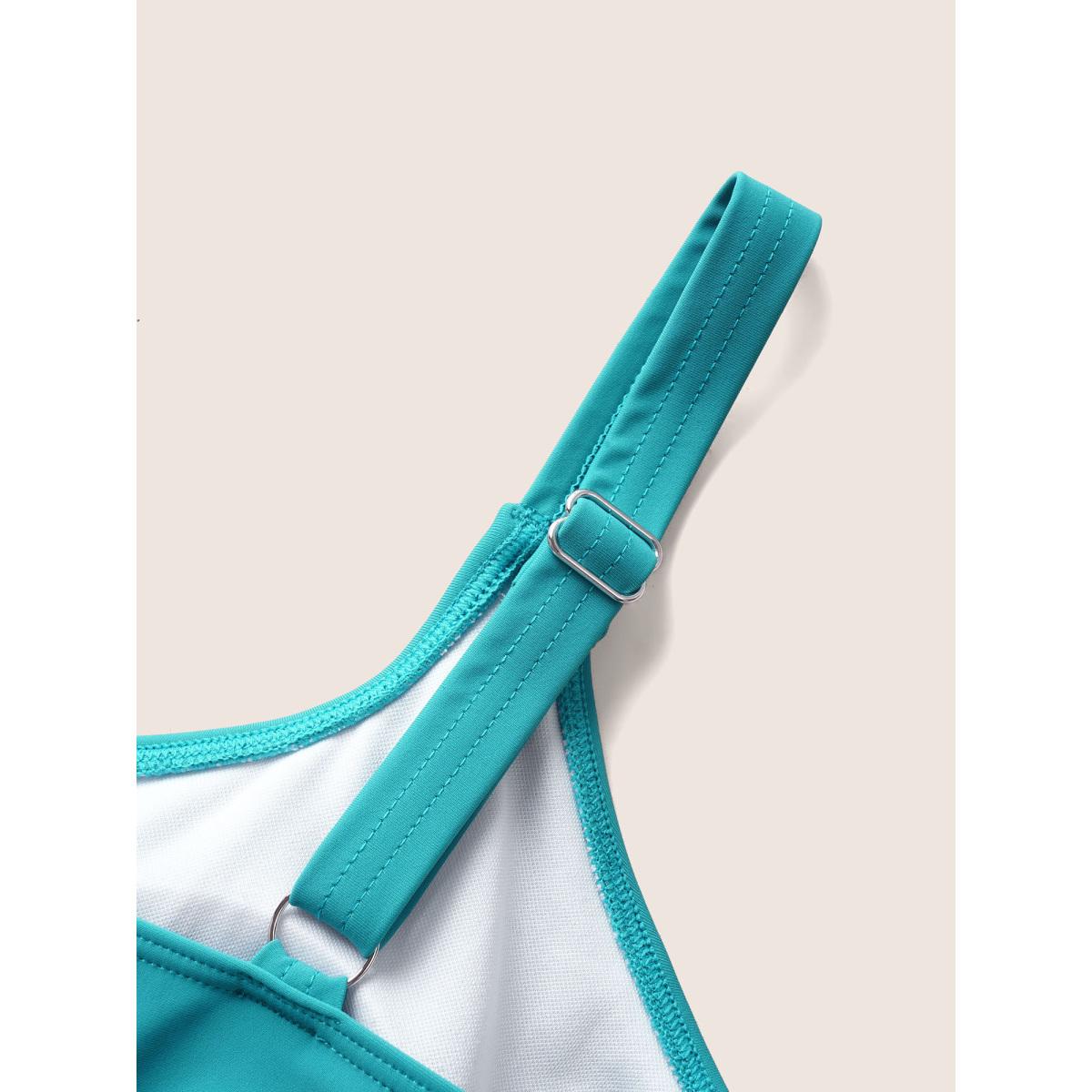 Plus Size Contrast Ruffles Adjustable Straps Swim Top Women's Swimwear Teal Beach Gathered High stretch Bodycon U-neck Curve Swim Tops BloomChic 18-20/2X Product Image