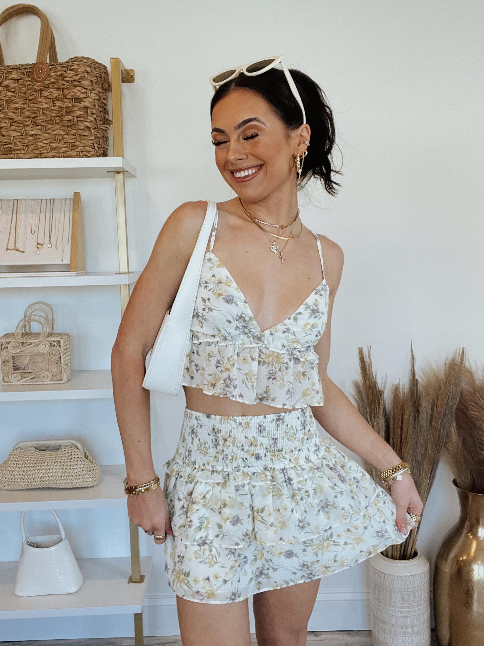 FINAL SALE Micaela Ruffle Crop Top | Ivory Floral Product Image