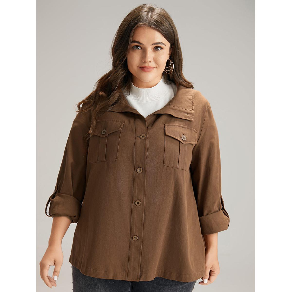 Plus Size Plain Roll Tab Sleeve Button Down Coat Women Bronze Casual Plain Ladies Dailywear Winter Coats BloomChic 26/4X Product Image