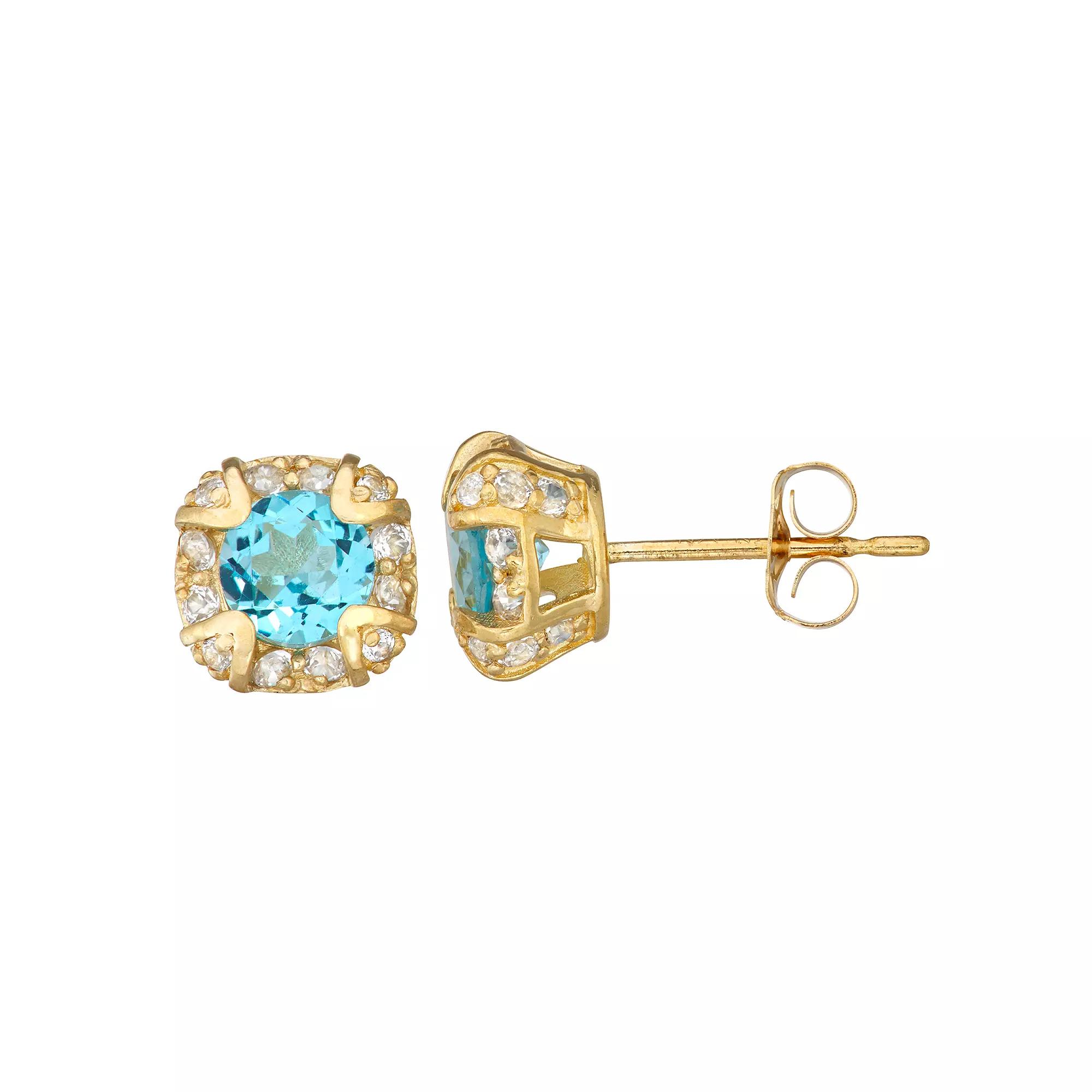 Designs by Gioelli 10k Gold Gemstone Round Halo Stud Earrings, Women's, Swiss Blue Topaz Product Image