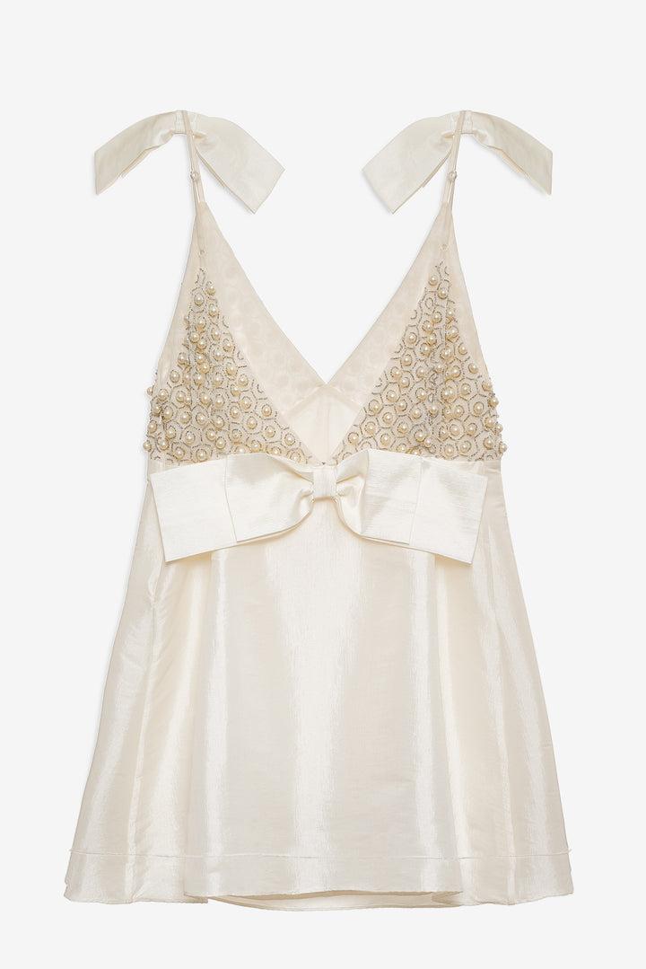 Pearly Bow Mini Dress — White Product Image