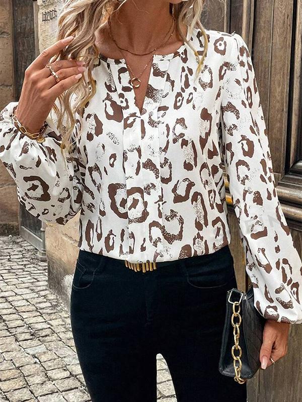 Long Sleeves Loose Contrast Color Elasticity Leopard V-Neck Blouses&Shirts Tops Product Image