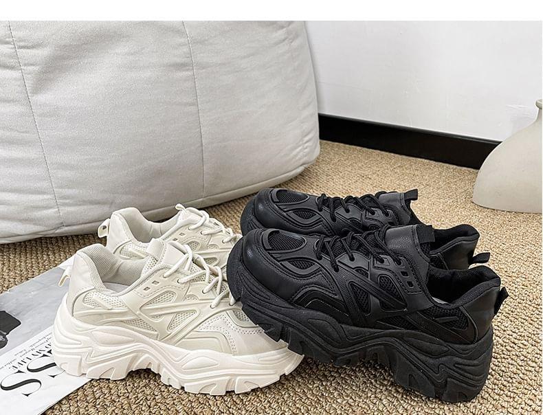 Plain Mesh Panel Lace-Up Platform Sneakers Product Image
