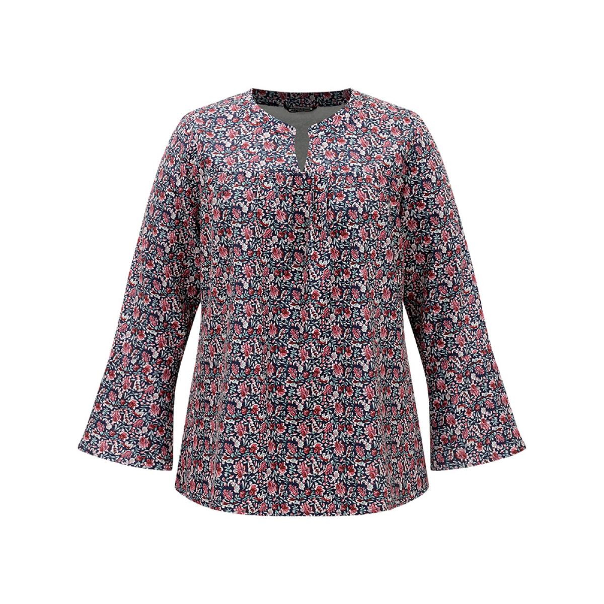 Plus Size Indigo Ditsy Floral Notched Bell Sleeve Blouse Women Vacation Long Sleeve Notched collar Dailywear Blouses BloomChic 10/M Product Image