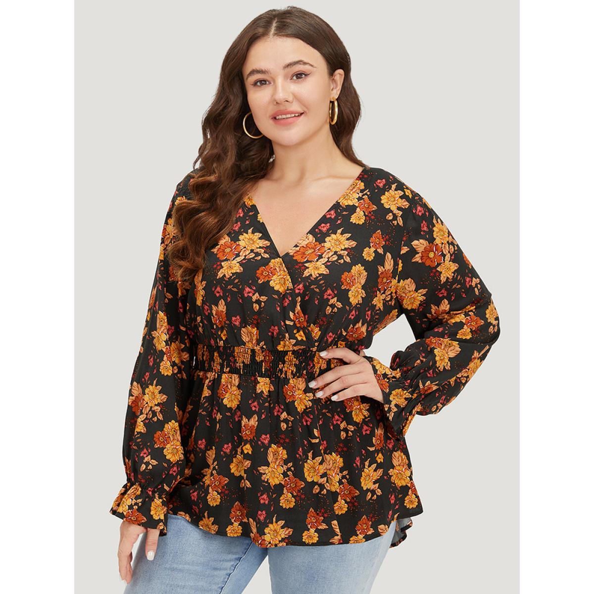 Plus Size Indigo Floral Print Wrap Shirred Lantern Sleeve Blouse Women Vacation Long Sleeve V-neck Dailywear Blouses BloomChic 26/4X Product Image