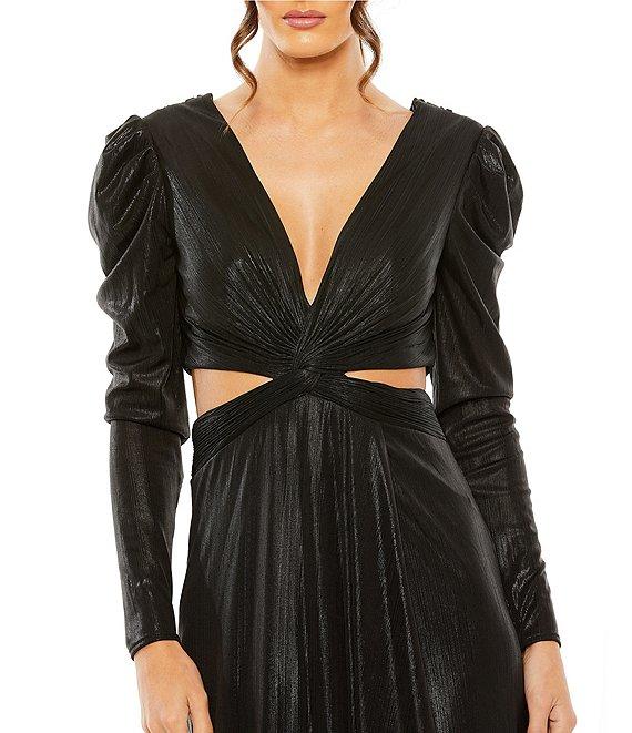 Mac Duggal Long Sleeve V-Neck Cut Out Metallic Gown Product Image