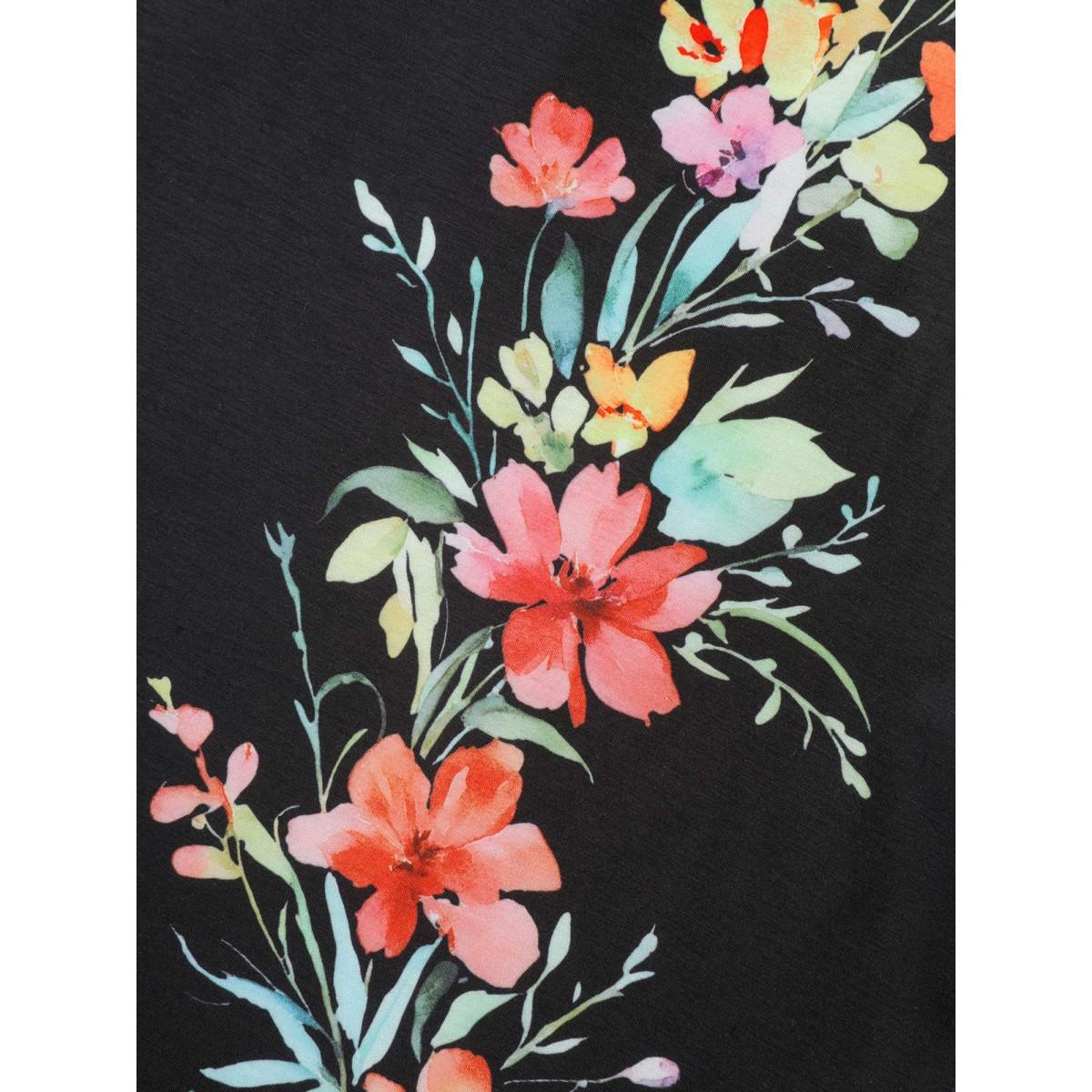 Plus Size Floral Print Solid Round Neck T-Shirt Black Women Leisure Contrast Round Neck Casual T-shirts BloomChic 10/M Product Image