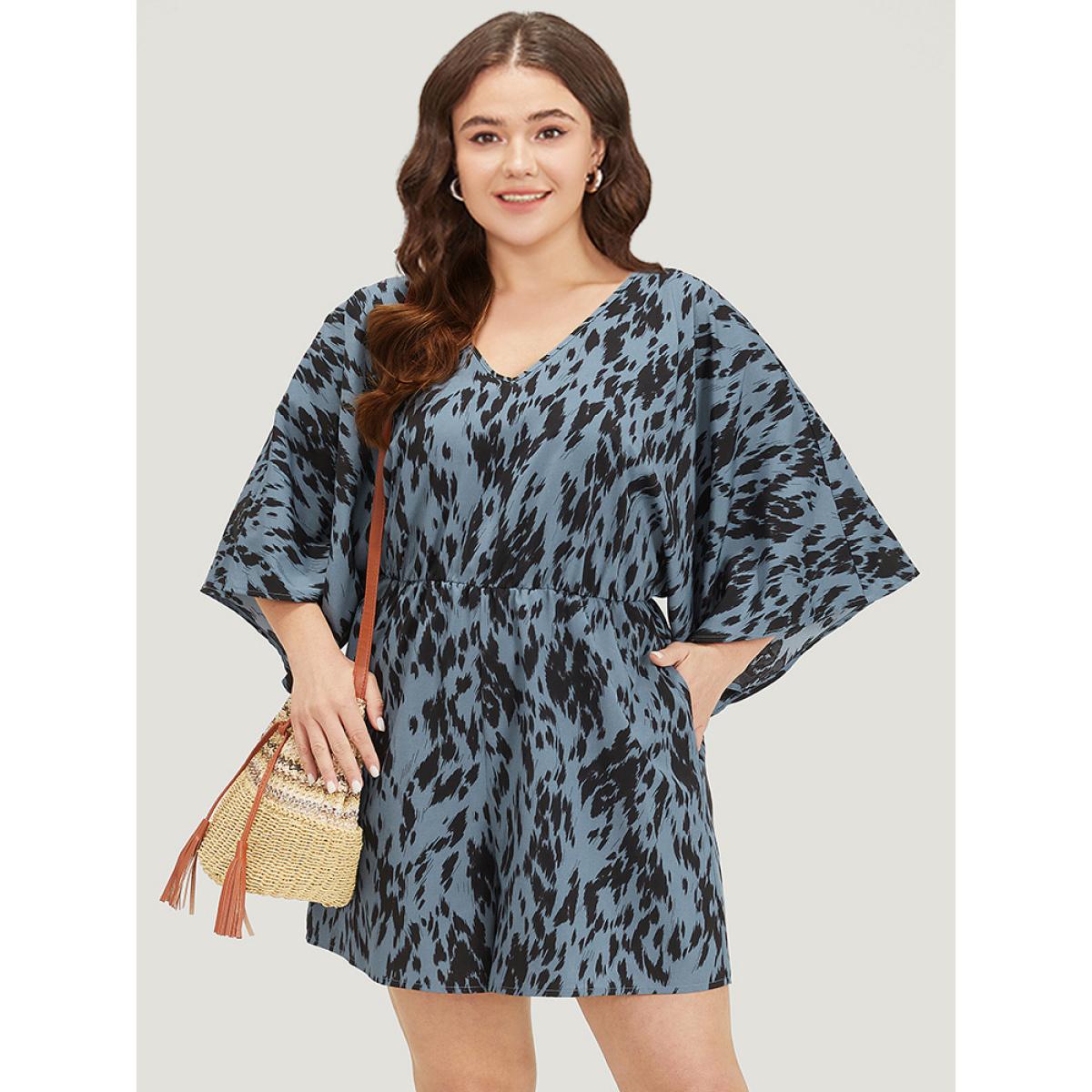 Plus Size Stone Leopard Print Flounce Sleeve Pocket Elastic Waist Jumpsuit Women Vacation Half Sleeve V-neck Dailywear Loose Jumpsuits BloomChic 12/L Product Image