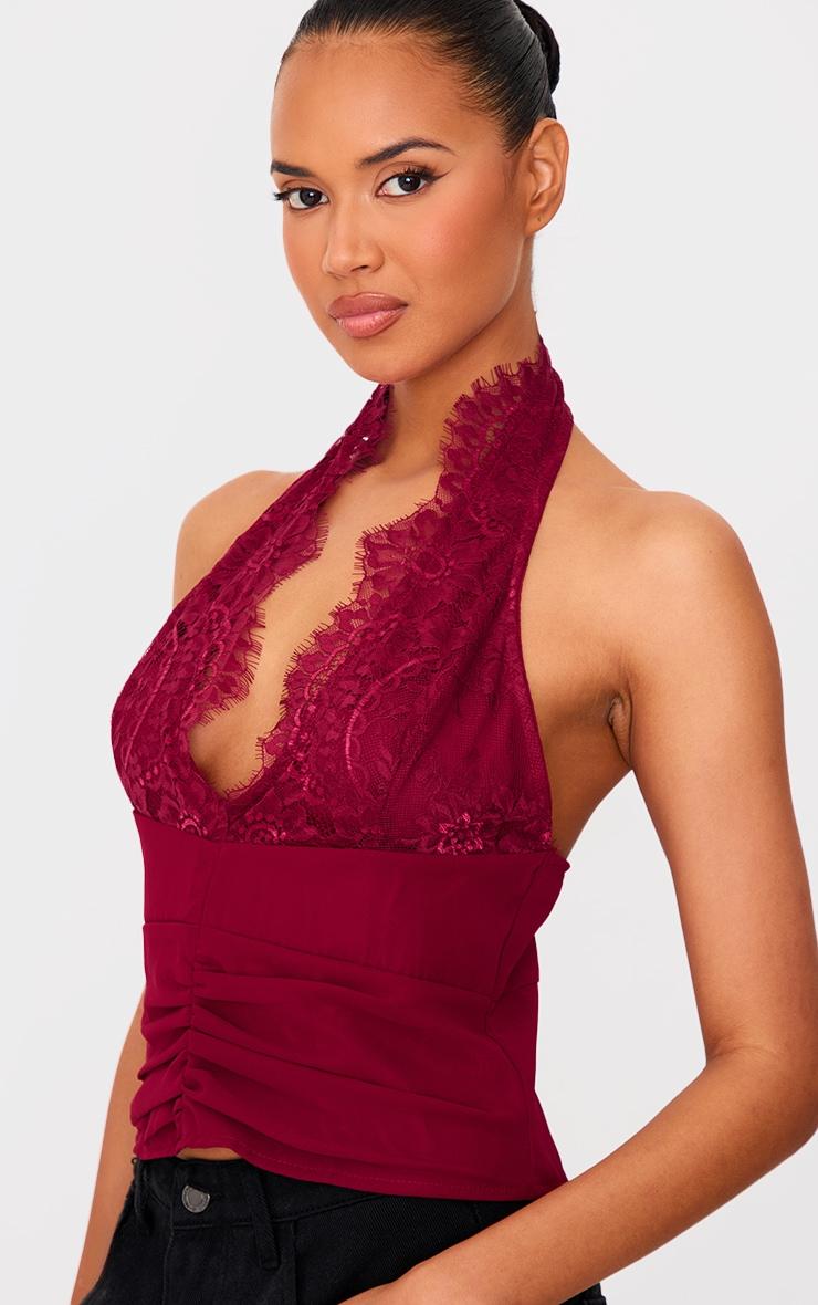 Burgundy Lace Detail Chiffon Printed Plunge Long Top Product Image