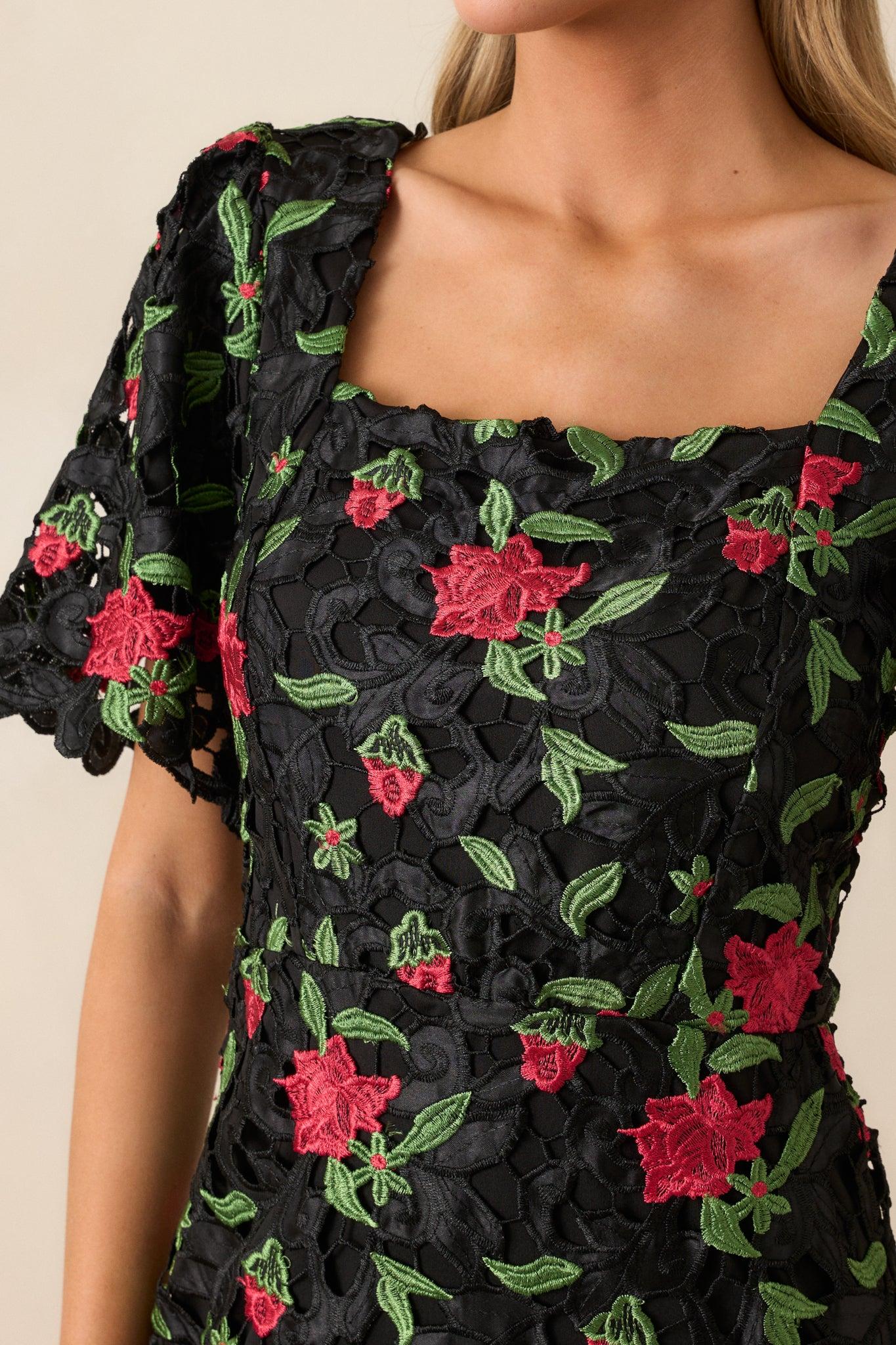 Rosebud Dreams Black Lace Embroidered Mini Dress Product Image