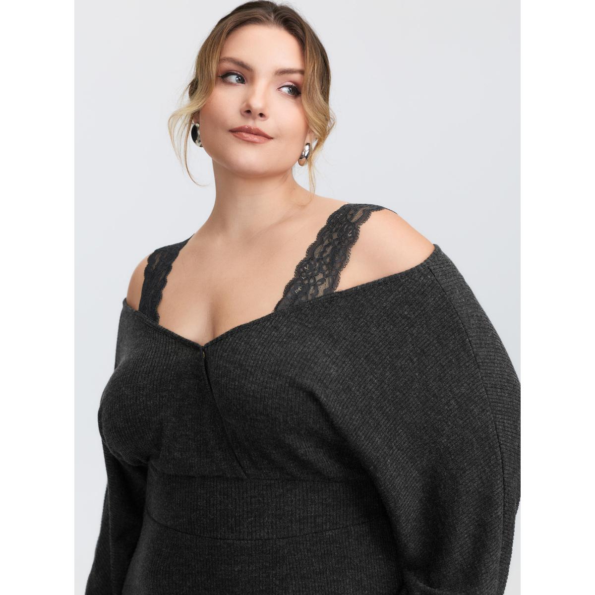 Plus Size Lace Trim Off-Shoulder Split Hem Midi Dress DarkGray Women Retro Overlap Collar Extra Long Sleeve Curvy BloomChic 30/6X Product Image