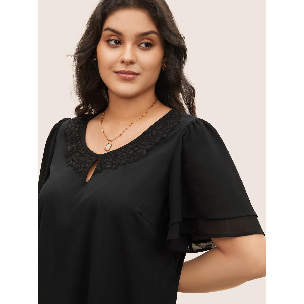 Plus Size Black Stretchy Woven Cut Out Lace Patchwork Blouse Women Elegant Short sleeve Round Neck Everyday Blouses BloomChic 18-20/2X Product Image