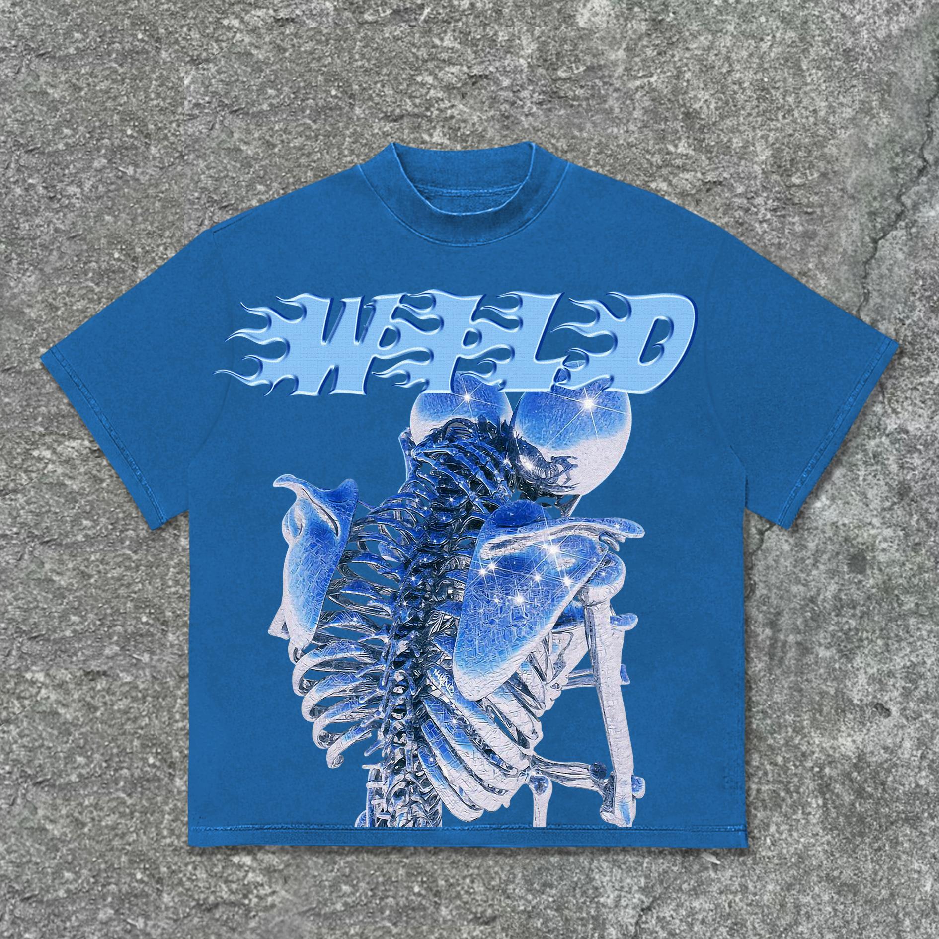 Sopula Vintage Blue Skull Graphic Print Cotton T-Shirt Product Image