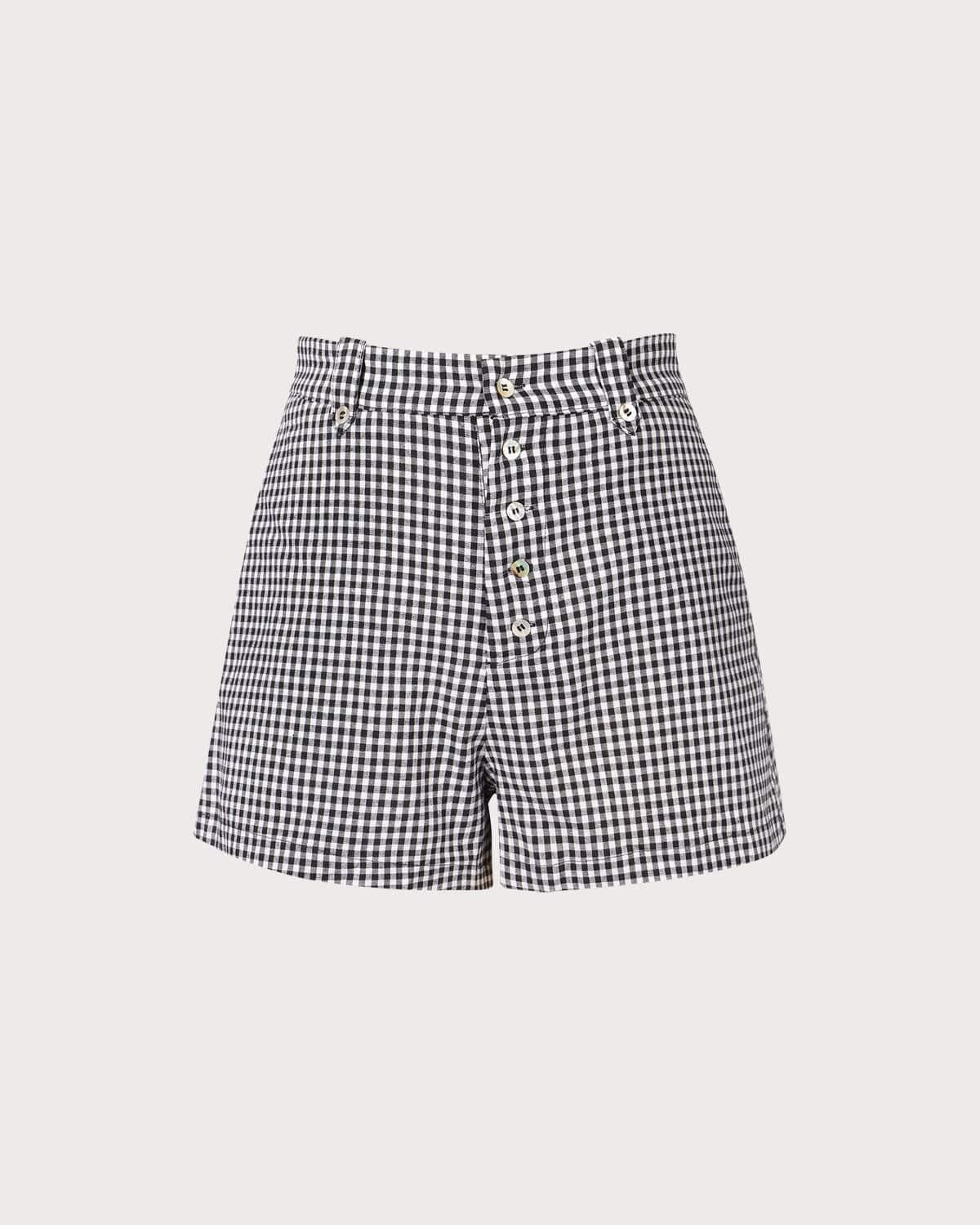 The Black High Waisted Button Up Plaid Shorts Product Image