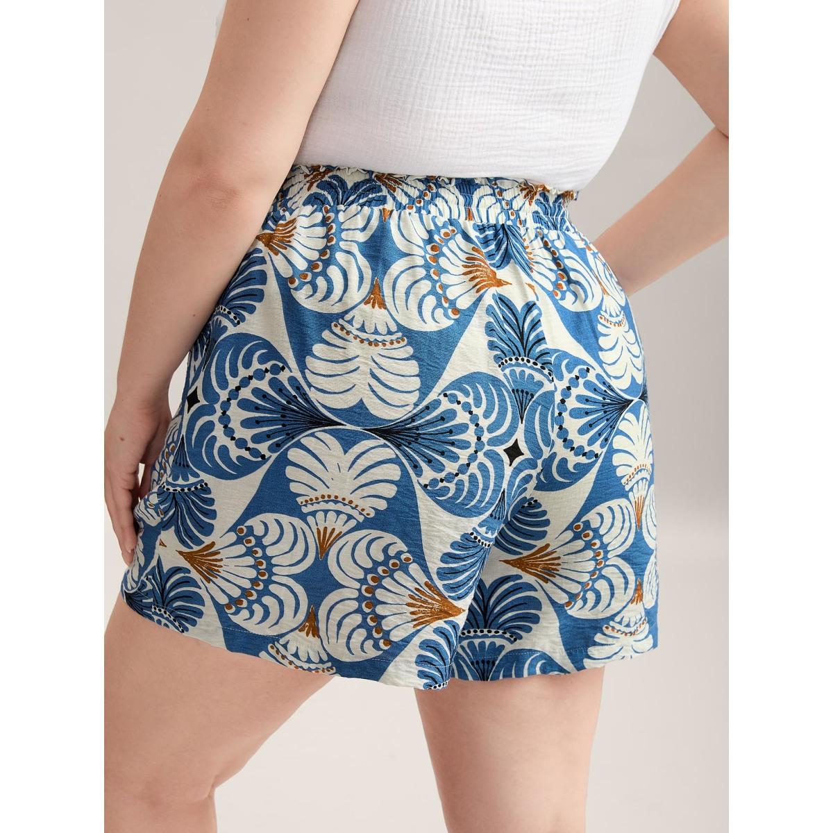 Plus Size Boho Print Shirred Waist Straight-Fit Shorts Women LightBlue Resort Drawstring Straight Leg Vacation Shorts BloomChic 12/L Product Image