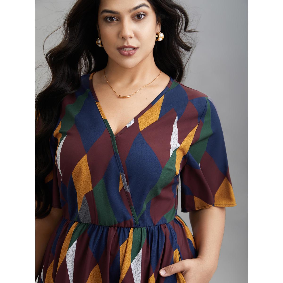 Plus Size Geometric Print Fit and Flare Midi Dress Multicolor Women Elegant Non Overlap Collar Half Sleeve Curvy BloomChic 18-20/2X Product Image