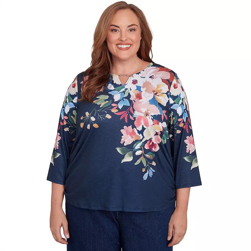 Plus Size Alfred Dunner Floral Knit Ruched Sleeve Top, Women's, Size: 3XL, Blue Product Image