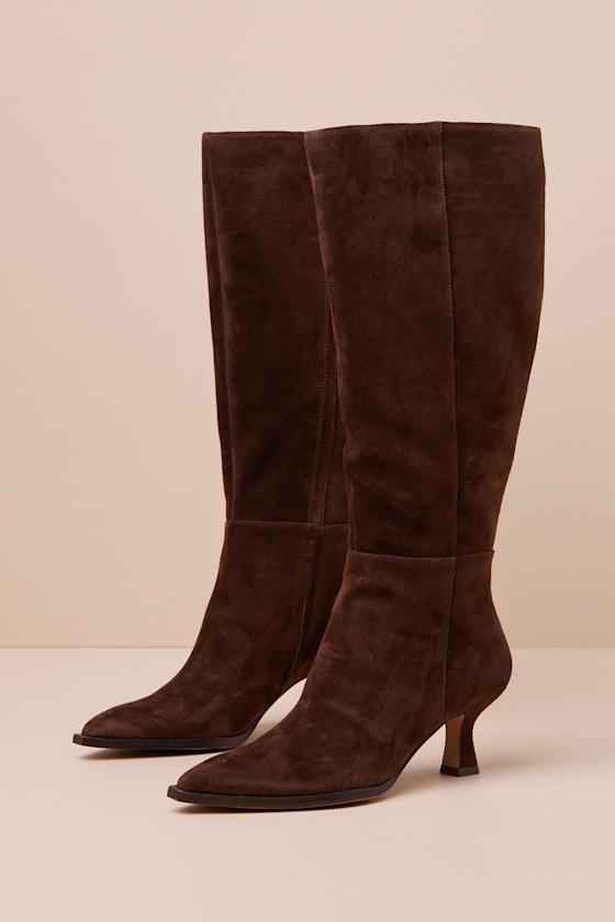 Auggie Wide Calf Dark Brown Suede Pointed-Toe Knee-High Boots Product Image