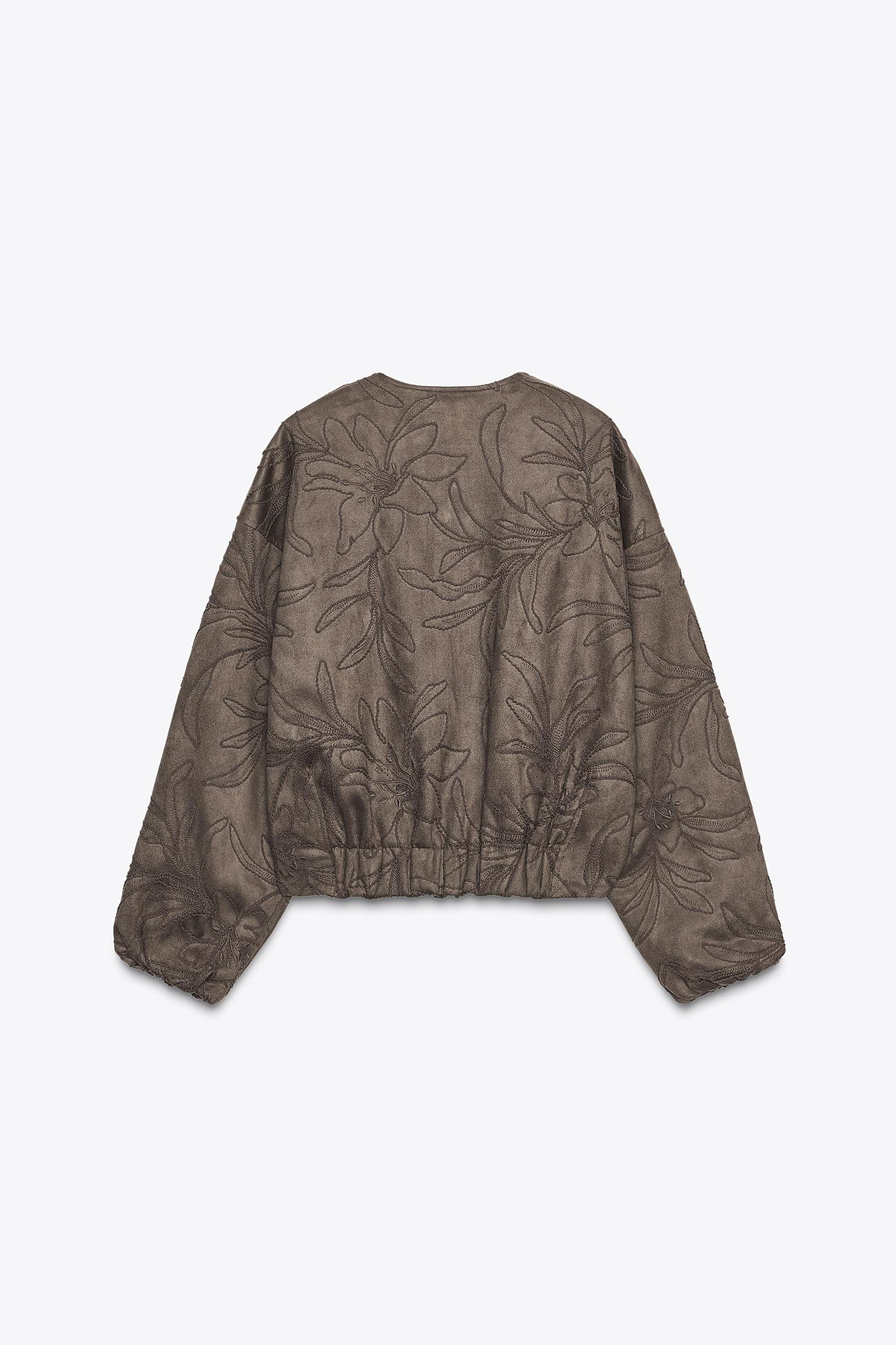 EMBROIDERED FAUX SUEDE BOMBER JACKET Product Image