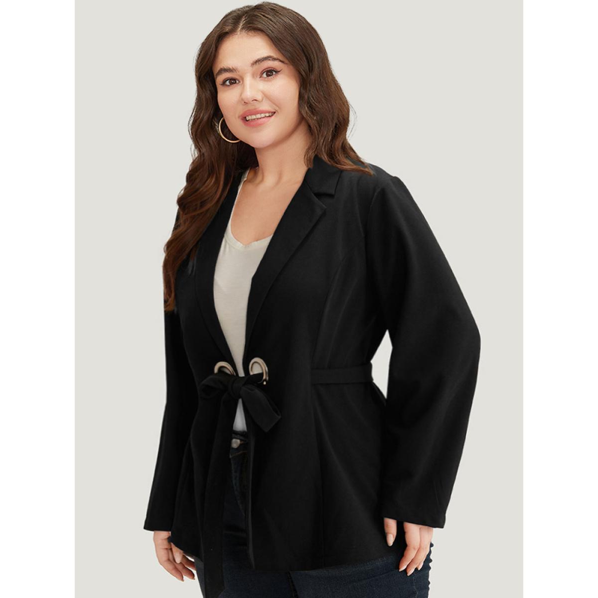 Plus Size Suit Collar Ties Blazer Black Women Work Plain Plain Sleeve Long Sleeve Suit Collar 12/L Belt Casual Blazers BloomChic Product Image