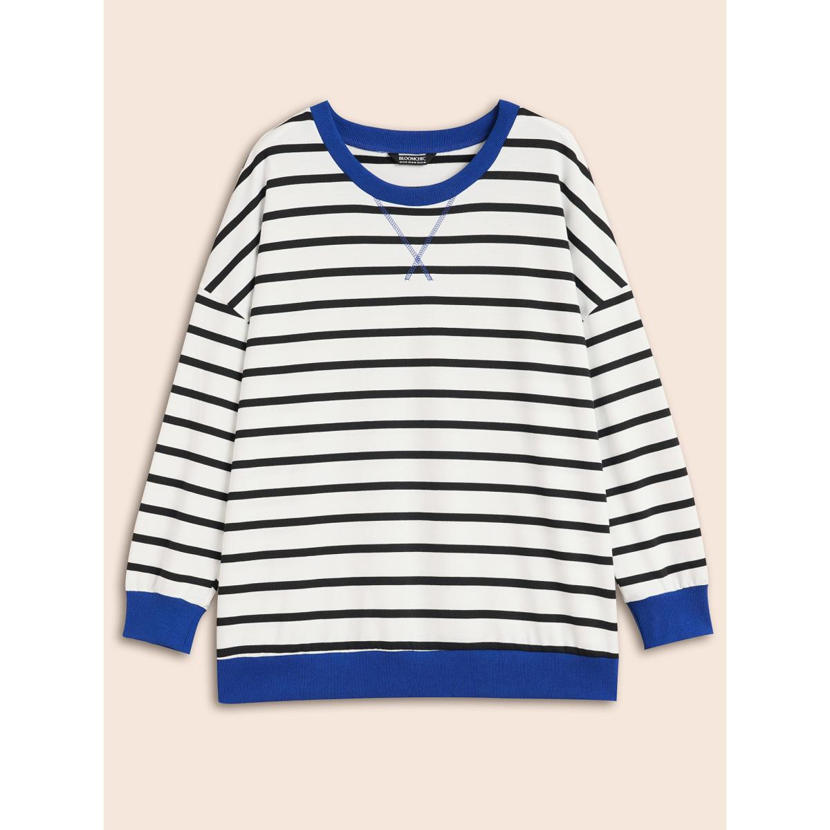 Plus Size Striped Contrast Trim Stitch Sweatshirt Women Black Casual Topstitching Round Neck Everyday Sweatshirts BloomChic 14-16/1X Product Image