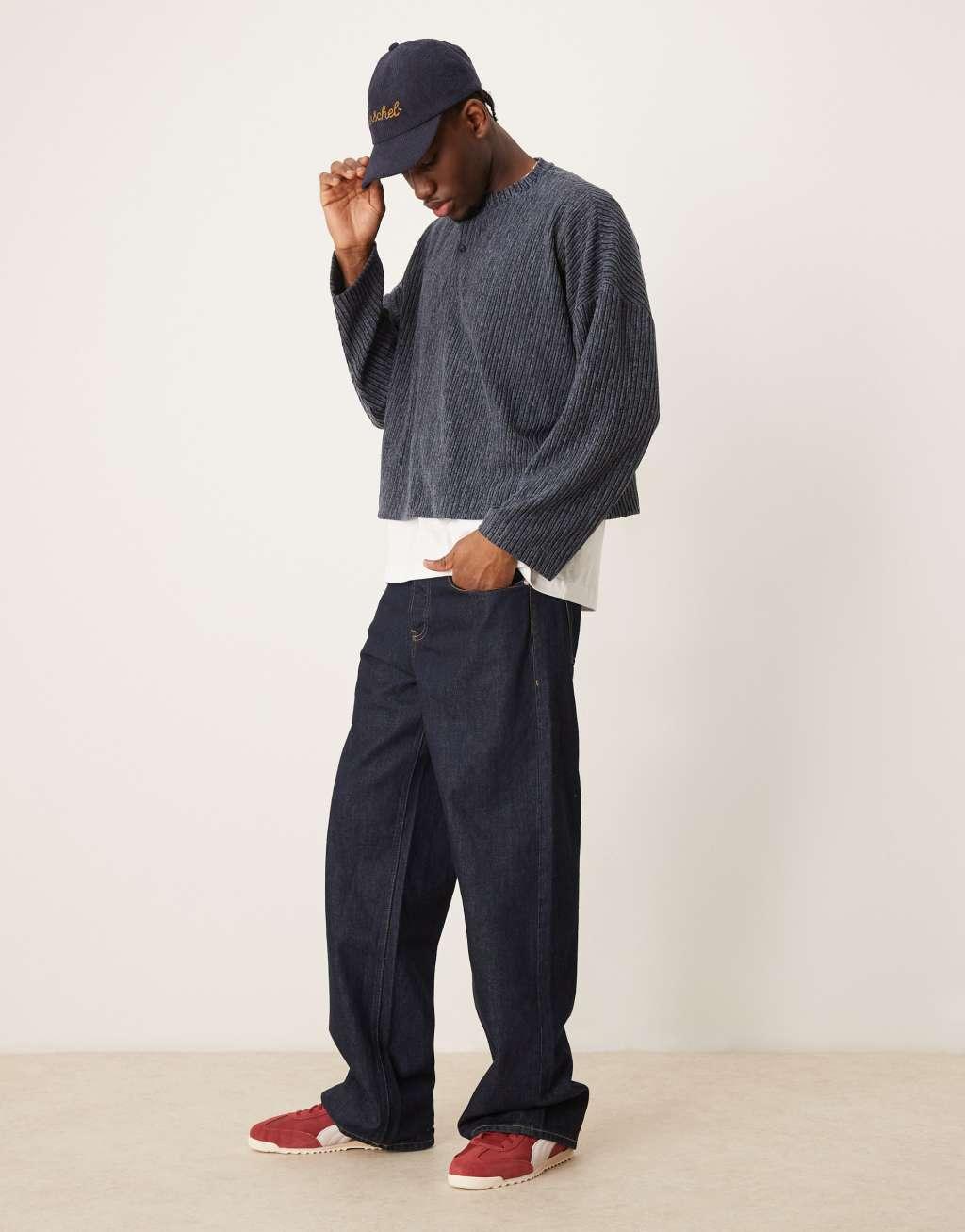 ASOS DESIGN super oversized cropped long sleeve t-shirt with henley neck in ribbed gray heather Product Image