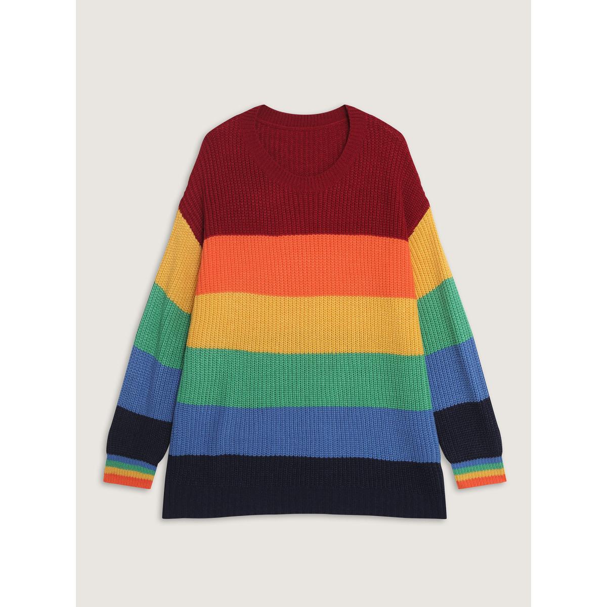 Plus Size Vibrant Color Stripes Round Neck Pullover Multicolor Women Playful Loose Long Sleeve Round Neck Casual Pullovers BloomChic 18-20/2X Product Image