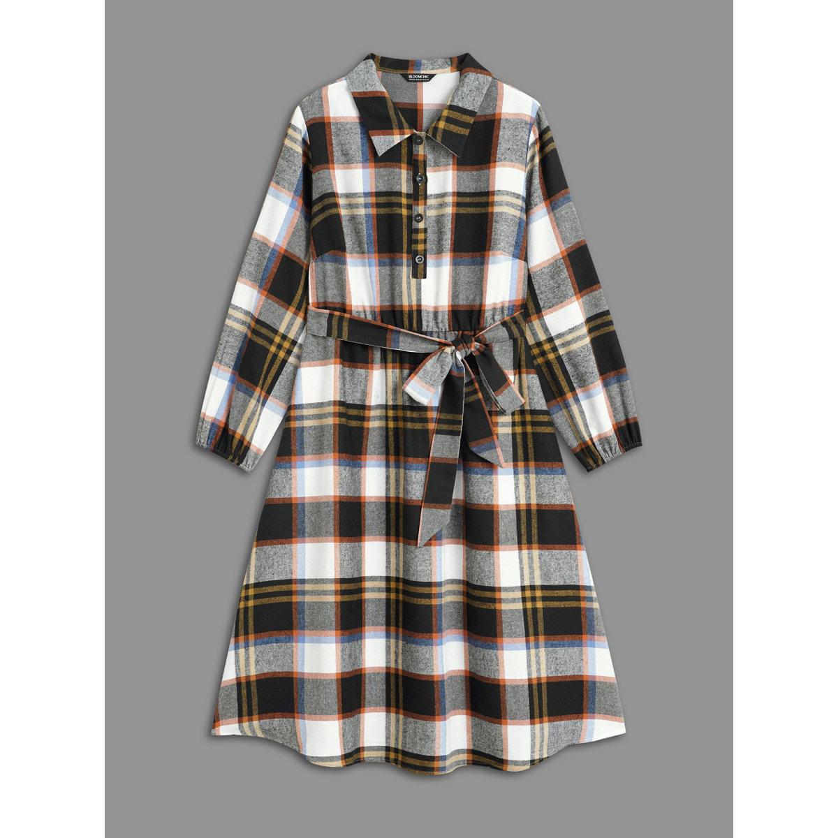 Plus Size Plaid Button Up Belted Knit Dress Multicolor Women At the Office Belted Knit Dresses Bloomchic 18-20/2X Product Image