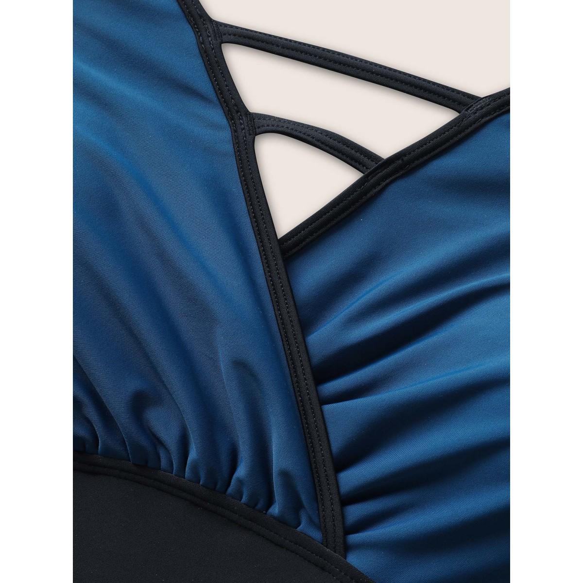 Plus Size Contrast Trim Keyhole Gathered One Piece Swimsuit Women's Swimwear Indigo Beach Gathered Curve Bathing Suits High stretch One Pieces BloomChic 14-16/1X Product Image