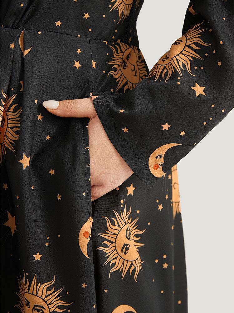 Halloween Moon & Star Cold Shoulder Pocket Elastic Waist Dress Female Product Image