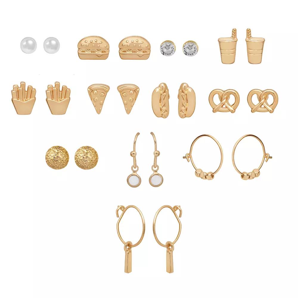 LC Lauren Conrad Gold Tone Crystal & Simulated Pearl Snack Earrings 12-pack Set, Women's, White Product Image