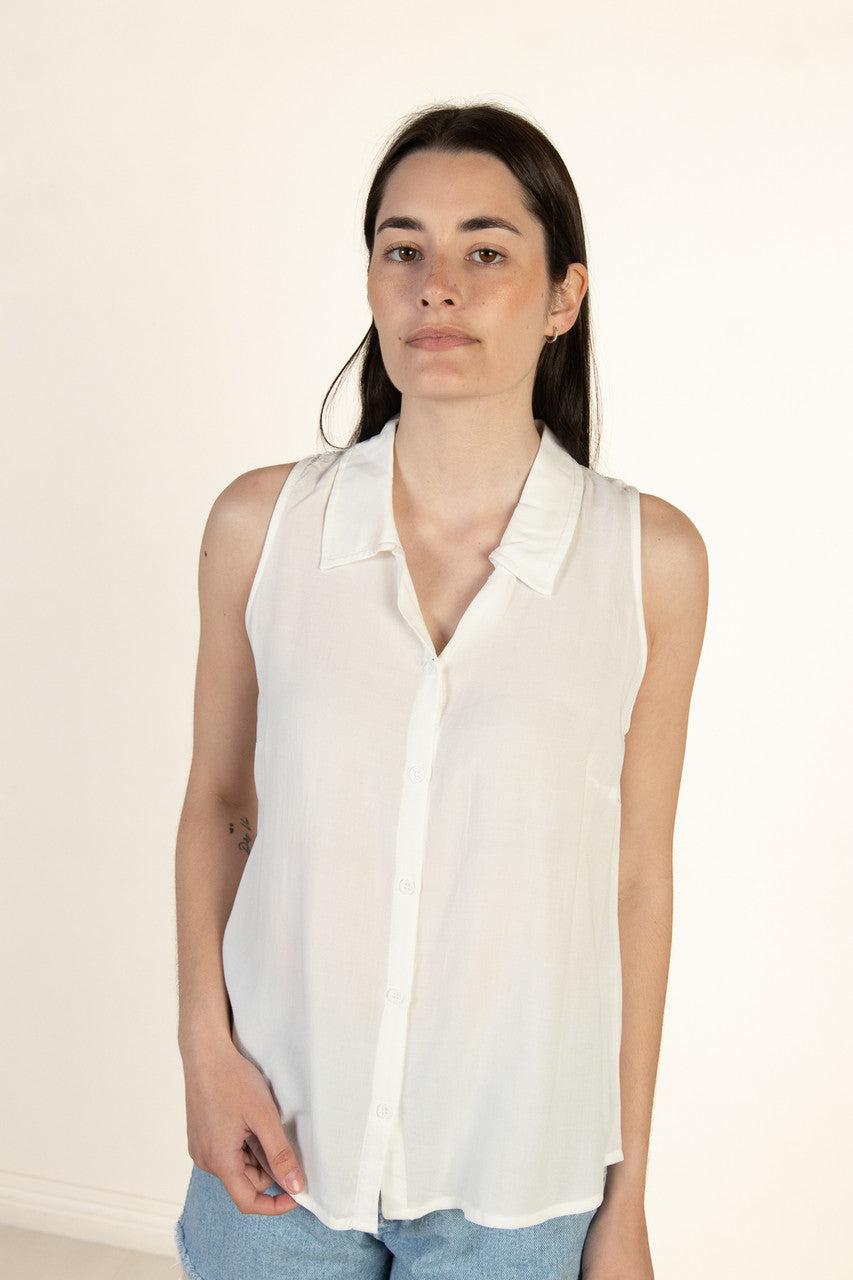 Sleeveless White Button Up Shirt Product Image