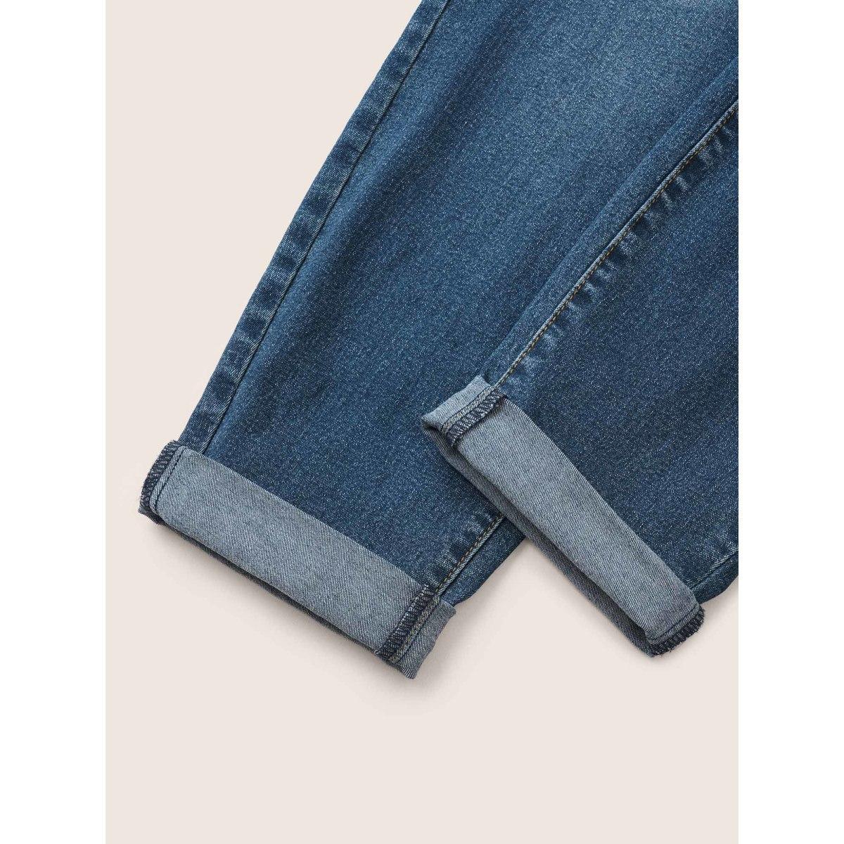 Plus Size Drawstring Elastic Waist Roll Hem Jeans Women DarkBlue Casual Plain Drawstring High stretch Slanted pocket Jeans BloomChic 18/2X Product Image