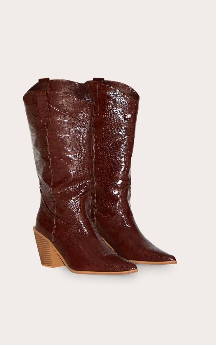 Brown PU Wide Fit Croc Point Toe Knee High Western Boots Product Image