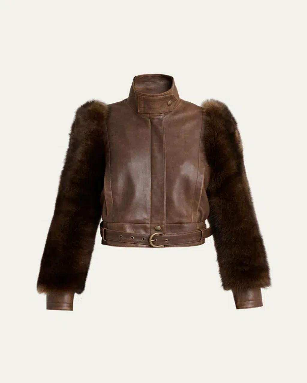 CHLOÉ Leather Jacket With Belted Waist And Fur Sleeves In Brown Product Image