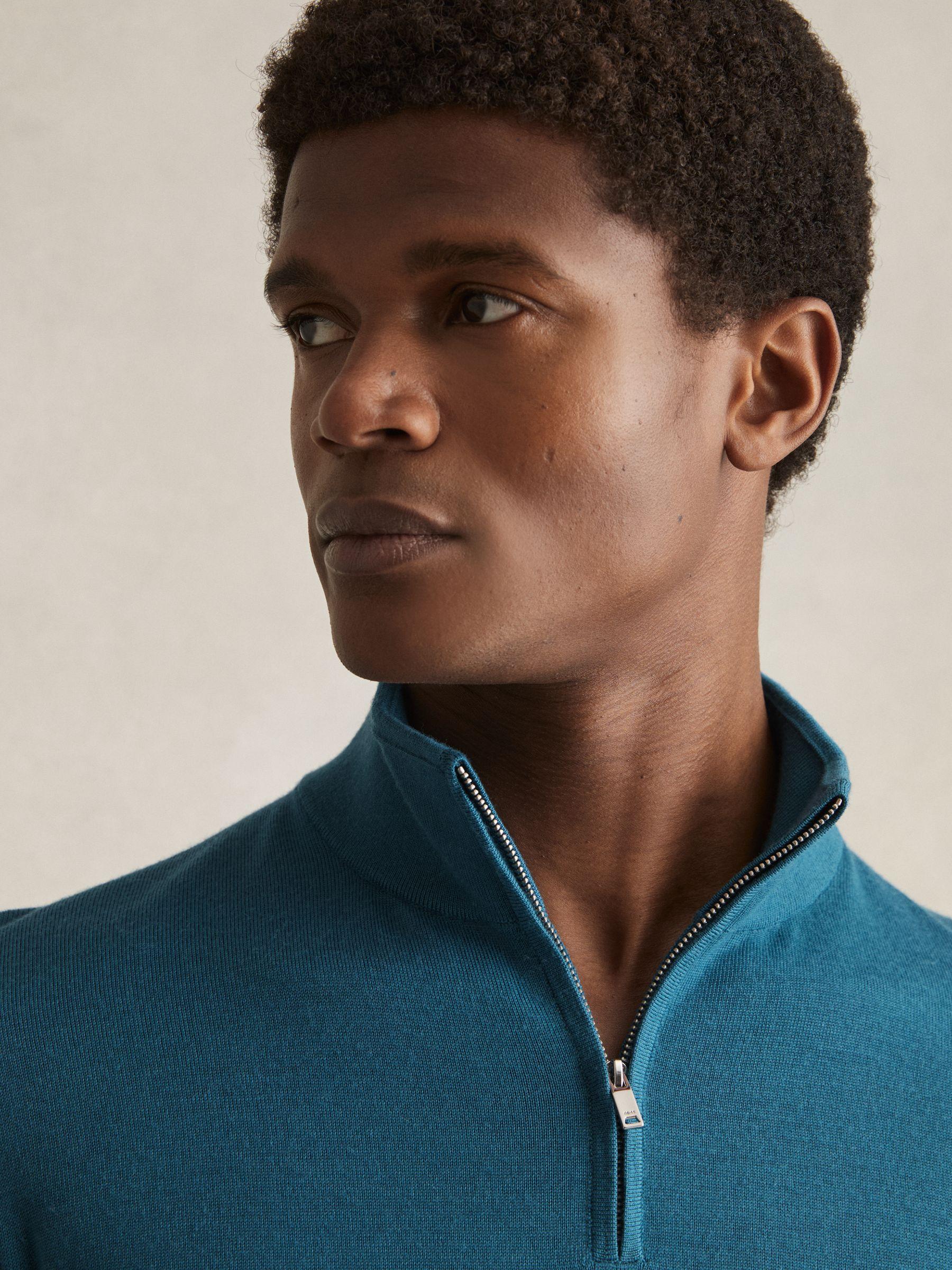 Merino Wool Half-Zip Funnel Neck Jumper in Deep Teal Blue Product Image