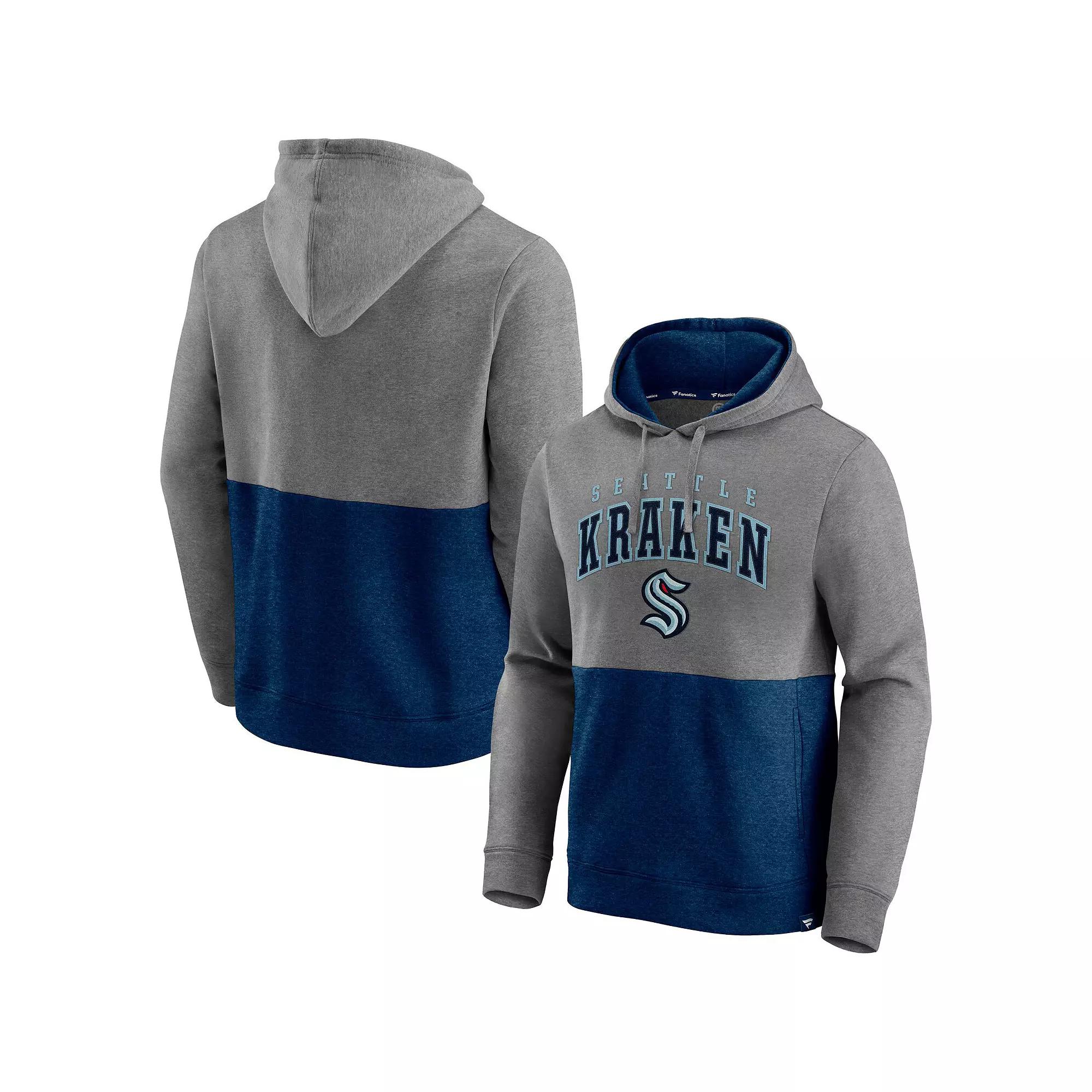 Mens Fanatics Branded Heathered Gray/Deep Sea Blue Seattle Kraken Block Party Classic Arch Signature Pullover Hoodie Product Image