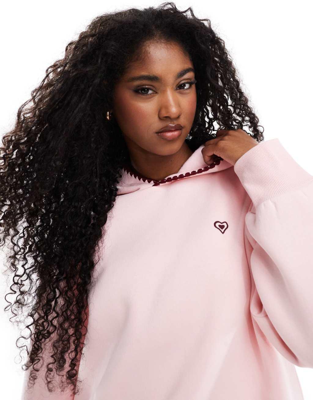 Miss Selfridge heart embroidered blanket stitch oversized hoodie in light pink Product Image