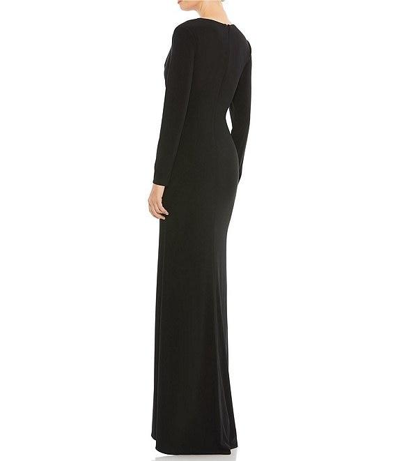 Mac Duggal Jersey Asymmetrical Ruched V-Neck Long Sleeve Thigh High Slit Sheath Gown Product Image