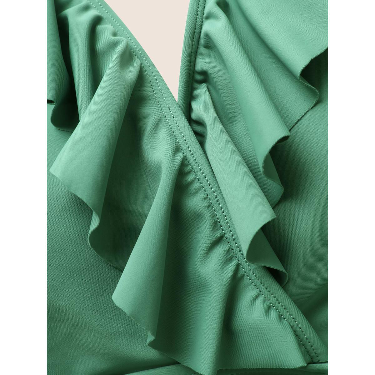 Plus Size Solid Ruffle Surplice Neck Trim Swim Top Women's Swimwear Palemauve Resort Ruffles High stretch Skinny Overlap Collar Curve Swim Tops BloomChic 30/6X Product Image