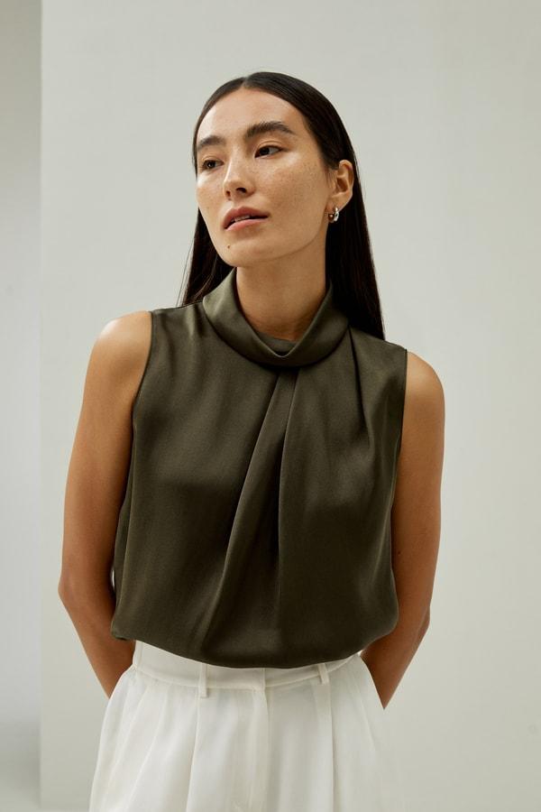 LILYSILK Silk Blouse Women - Dark Olive Mulberry Silk - Elegant Cowl Neck Blouse XS Product Image